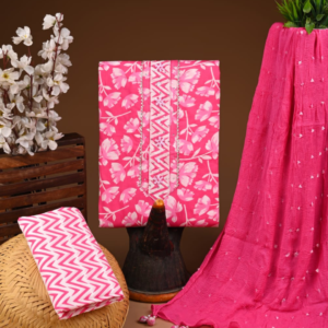 Hot Pink Floral Print Cotton Suit Set with Chevron Bottom & Crinkled Dupatta