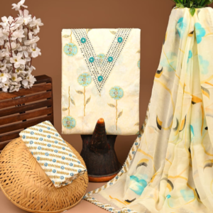 Elegant Cream Printed Cotton Suit Set with Embroidered Neck & Digital Print Dupatta