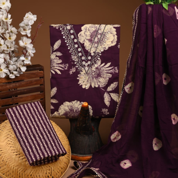 Royal Maroon Floral Cotton Suit Set with Embroidered Neckline & Elegant Dupatta