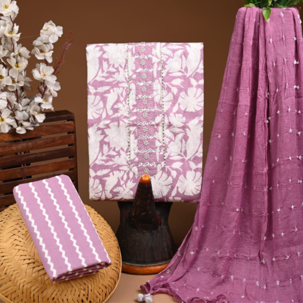 Elegant Mauve Floral Cotton Suit Set with Embroidered Detailing & Crushed Dupatta