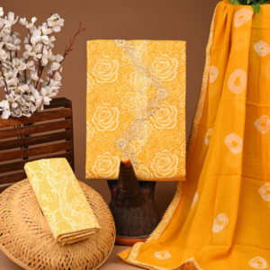 Sunshine Yellow Cotton Suit Set with Rose Print & Bandhani Dupatta