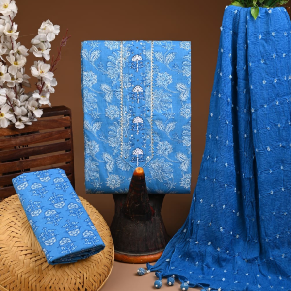 Royal Blue Cotton Suit Set with Floral Block Print & Pom-Pom Dupatta