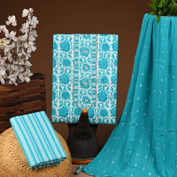 Aqua Blue Cotton Suit Set with Block Print & Mirror Work