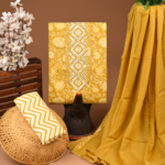 Mustard Yellow Cotton Suit Set with Geometric Embroidery & Chevron Bottom