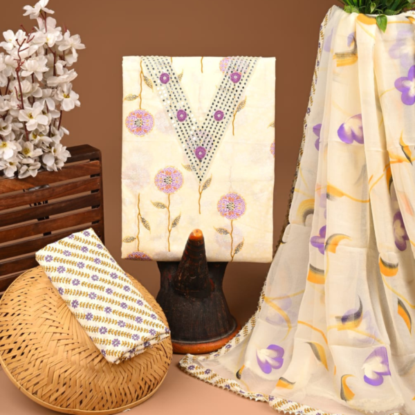 Elegant Cream Cotton Suit Set with Floral Embroidery & Printed Dupatta