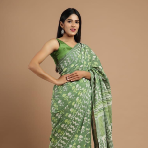 Green Hand Block Printed Cotton Saree