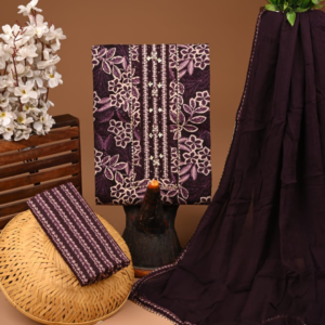 Regal Deep Purple Cotton Suit Set with Floral Embroidery & Mirror Work