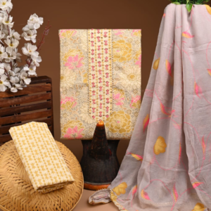 Elegant Yellow & Pink Floral Cotton Suit Set with Subtle Embellishments