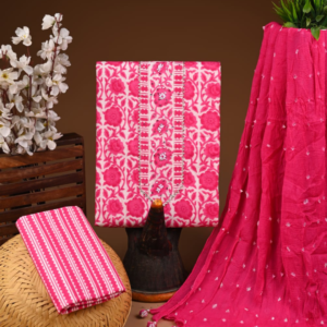 Vibrant Pink Floral Cotton Suit Set with Embellished Neckline & Dobby Dupatta