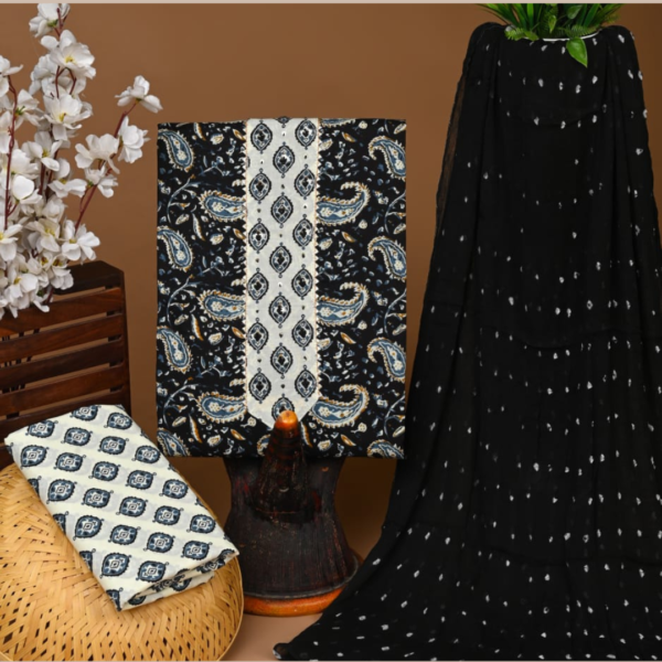 Elegant Black & Beige Cotton Suit Set with Paisley Print and Tassel Dupatta