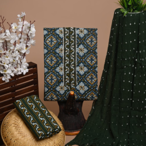 Deep Green Ethnic Cotton Suit Set with Traditional Print & Tassel Dupatta