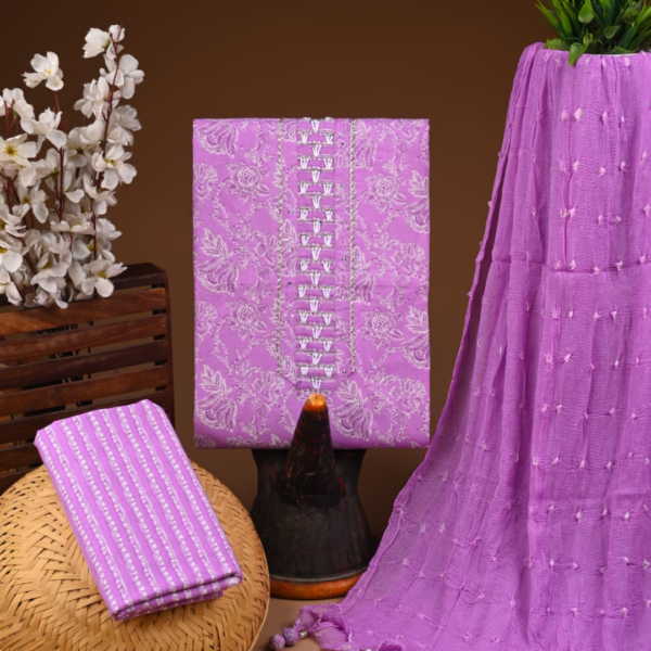 Lavender Cotton Suit Set with Subtle Embroidery and Dobby Dupatta
