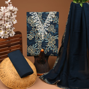 Navy Blue Cotton Suit Set with Floral Thread Embroidery & Chiffon Dupatta
