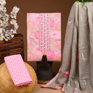 Pink Floral Printed Cotton Suit Set with Embellished Neckline & Organza Dupatta