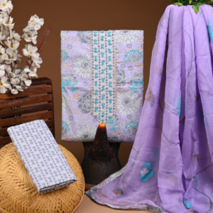 Lavender Cotton Suit Set with Intricate Embroidery & Printed Dupatta