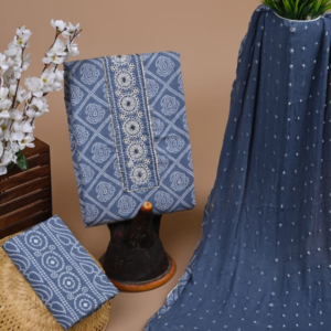 Indigo Blue Cotton Suit Set with Thread Embroidery & Bandhani Dupatta