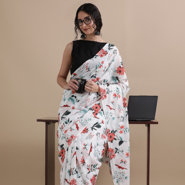 Flower Printed Daily Wear Pure Cotton Saree
