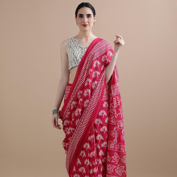 Jaipur Saree Red Mulmul Cotton Regular Fit Saree