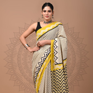 Yellow & Black Geometric Cotton Saree