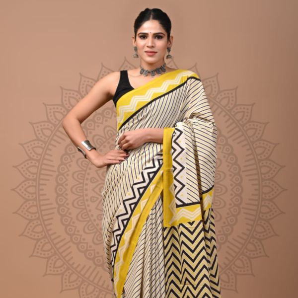 Yellow & Black Geometric Cotton Saree