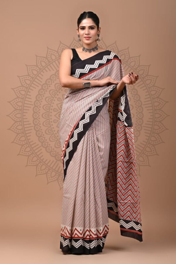 Classic Red & Black Chevron Cotton Saree