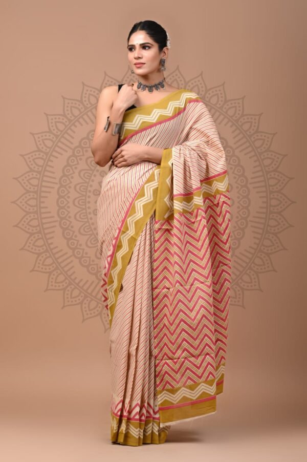 Rose Pink & Mustard Chevron Cotton Saree