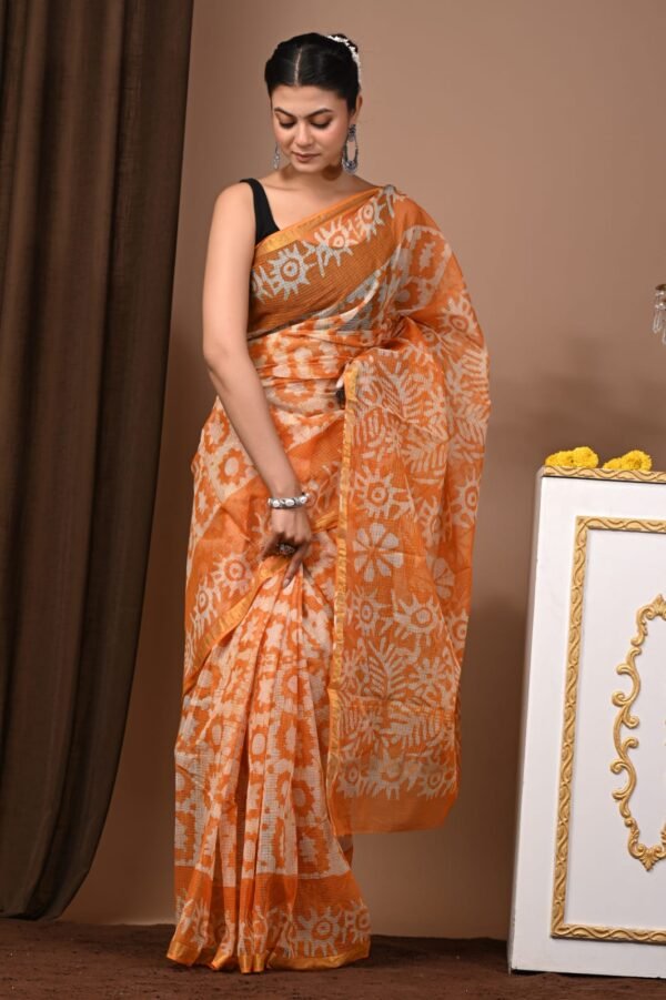 Sunset Orange & Ivory Handcrafted Bandhani Cotton Saree