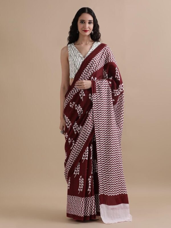 Maroon & Ivory Minimalist Hand-Block Cotton Saree