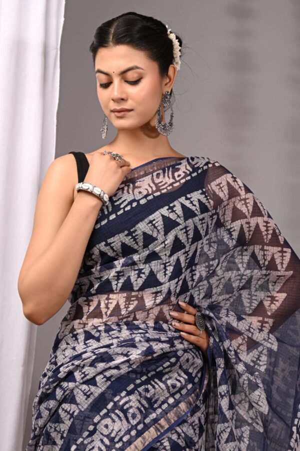 Indigo Blue Handcrafted Geometric Block Print Cotton Saree