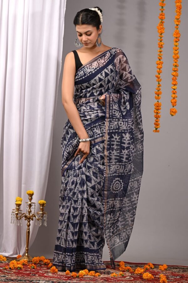 Indigo Blue Handcrafted Geometric Block Print Cotton Saree
