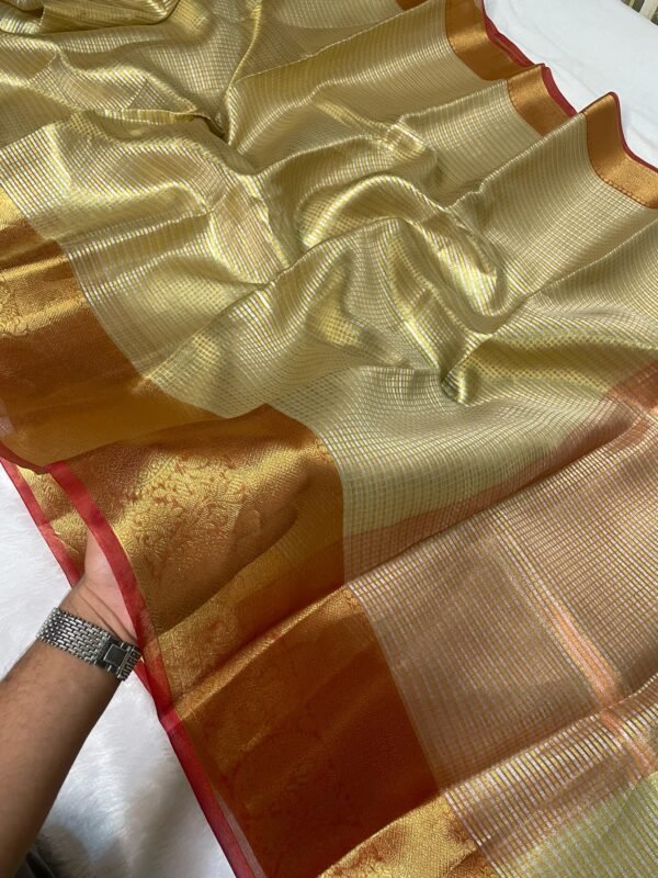 Tissue Kanjivaram Silk Saree in Gold with Red Zari Border - Image 3
