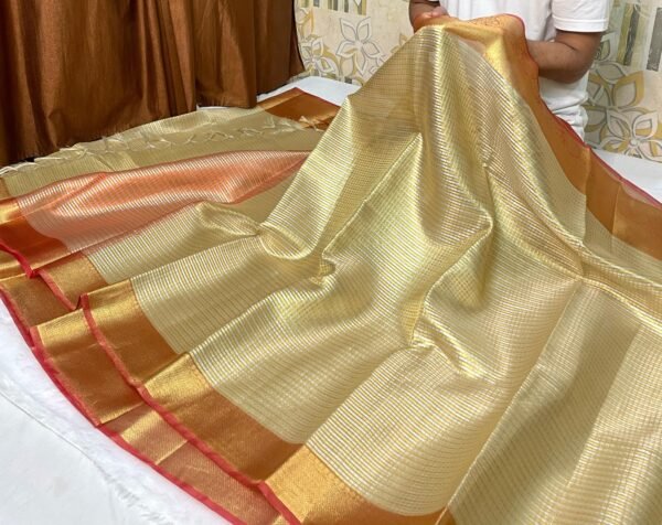 Tissue Kanjivaram Silk Saree in Gold with Red Zari Border - Image 5