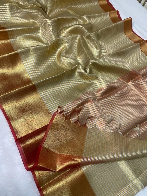 Tissue Kanjivaram Silk Saree in Gold with Red Zari Border - Image 4