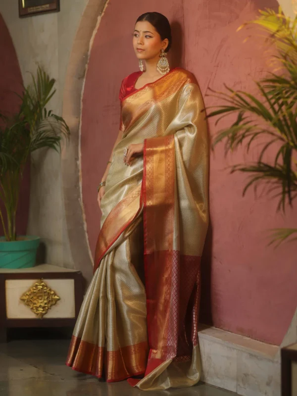 Tissue Kanjivaram Silk Saree in Gold with Red Zari Border - Image 2